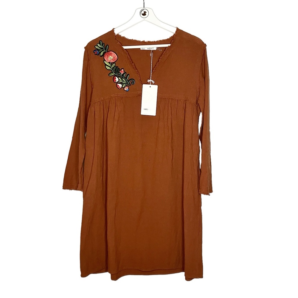Grifflin Paris Women’s tunic dress Boho long sleeve v neck with floral patch M